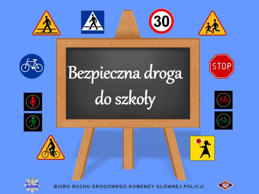 Bezpieczna droga do szkoły - grafika ze znakami drogowymi
