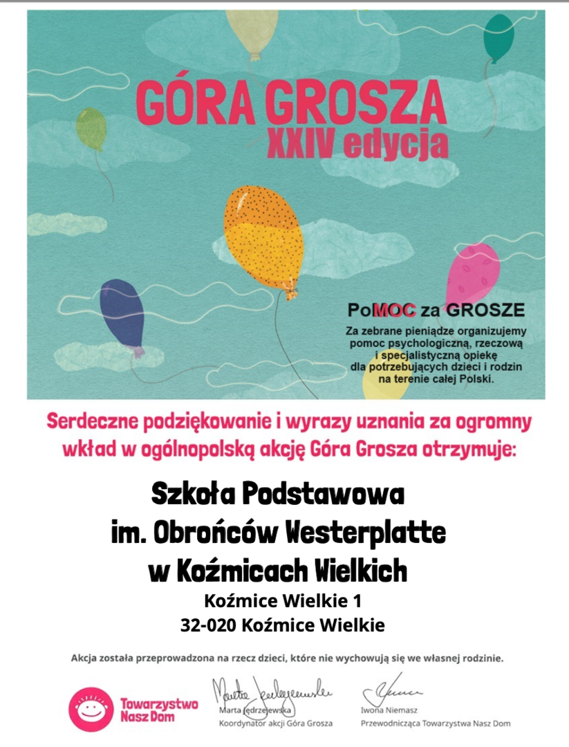 Podziękowanie za udział w akcji "Góra Grosza" dla Szkoły Podstawowej im. Obrońców Westerplatte w Koźmicach Wielkich