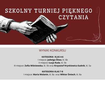 SZKOLNY TURNIEJ PIĘKNEGO CZYTANIA
WYNIKI KONKURSU
 KATEGORIA KLAS 4-6

 I miejsce: Jadwiga Śliwa, kl. 6b 
II miejsce: Łucja Ruda, kl. 5b 
III miejsce: Zofia Wiśniewska, kl. 5b oraz Krzysztof Hrynkiewicz-Sudnik, kl. 5a 
KATEGORIA KLAS 7-8
I miejsce:  Maria Wolanin, kl. 8a oraz Wiktor Śmiech, kl. 8a
