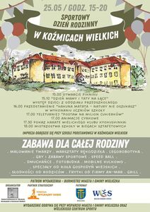 25 maja w godzinach od 15 do 20 odbędzie się Sportowy Dzień Rodzinny przy szkole podstawowej w Koźmicach Wielkich. Harmonogram:
15.00 otwarcie pikniku
15.10 "Dzień mamy i taty na łące" - występ przedszkolaków
16.00 Przedstawienie "Hakuna matata - natury nie oszukasz" w wykonaniu uczniów szkoły
17.00 Teleturniej "Postaw na milion cukierków"
17.00 Animacje cyrkowe
17.30 Pokaz karate
18.00 Biegi sztafetowe
Ponadto: malowanie twarzy, warsztaty rękodzieła, legorobotyka, gry i zabawy sportow
