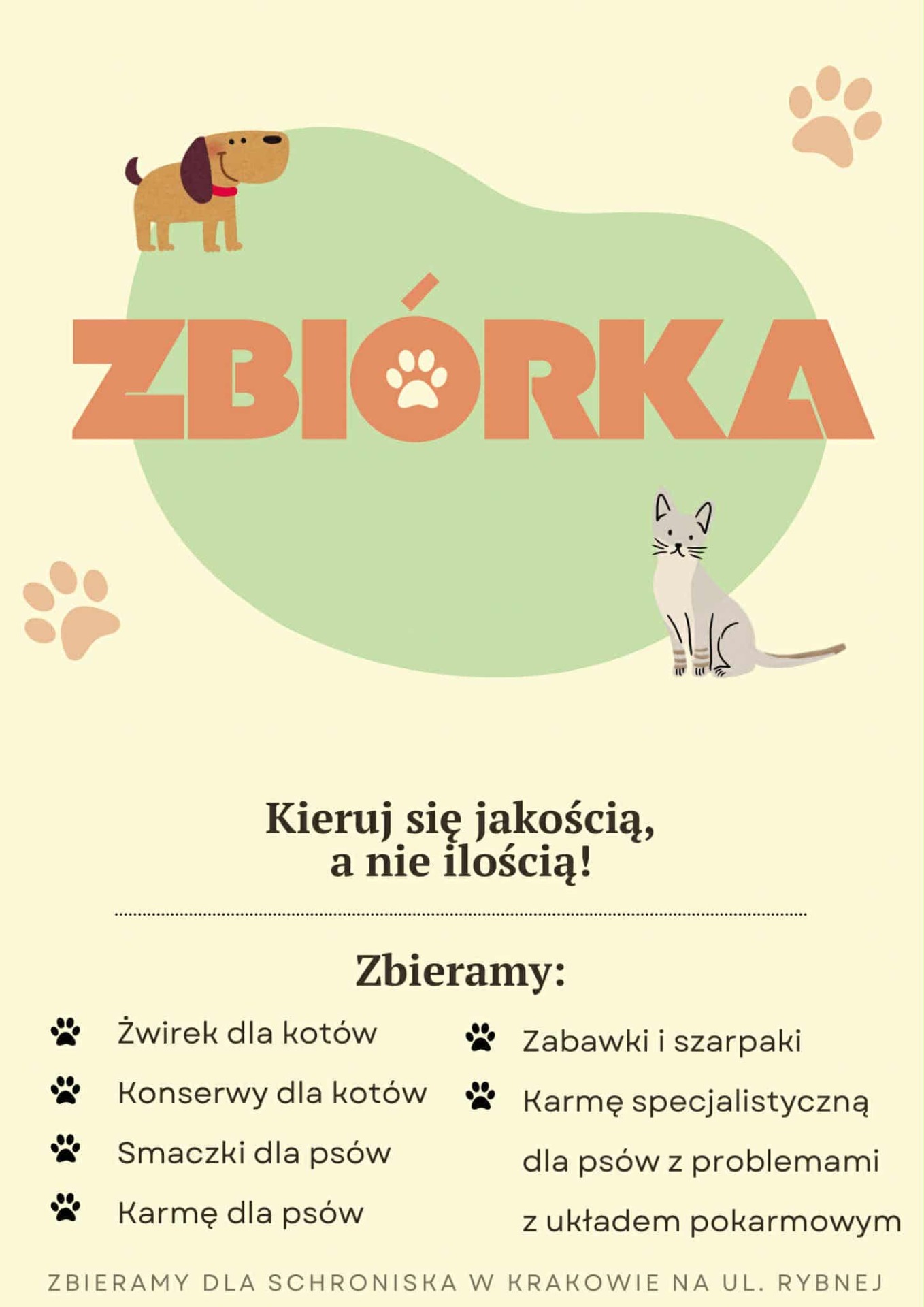 Plakat informujący o zbiórce dla schroniska