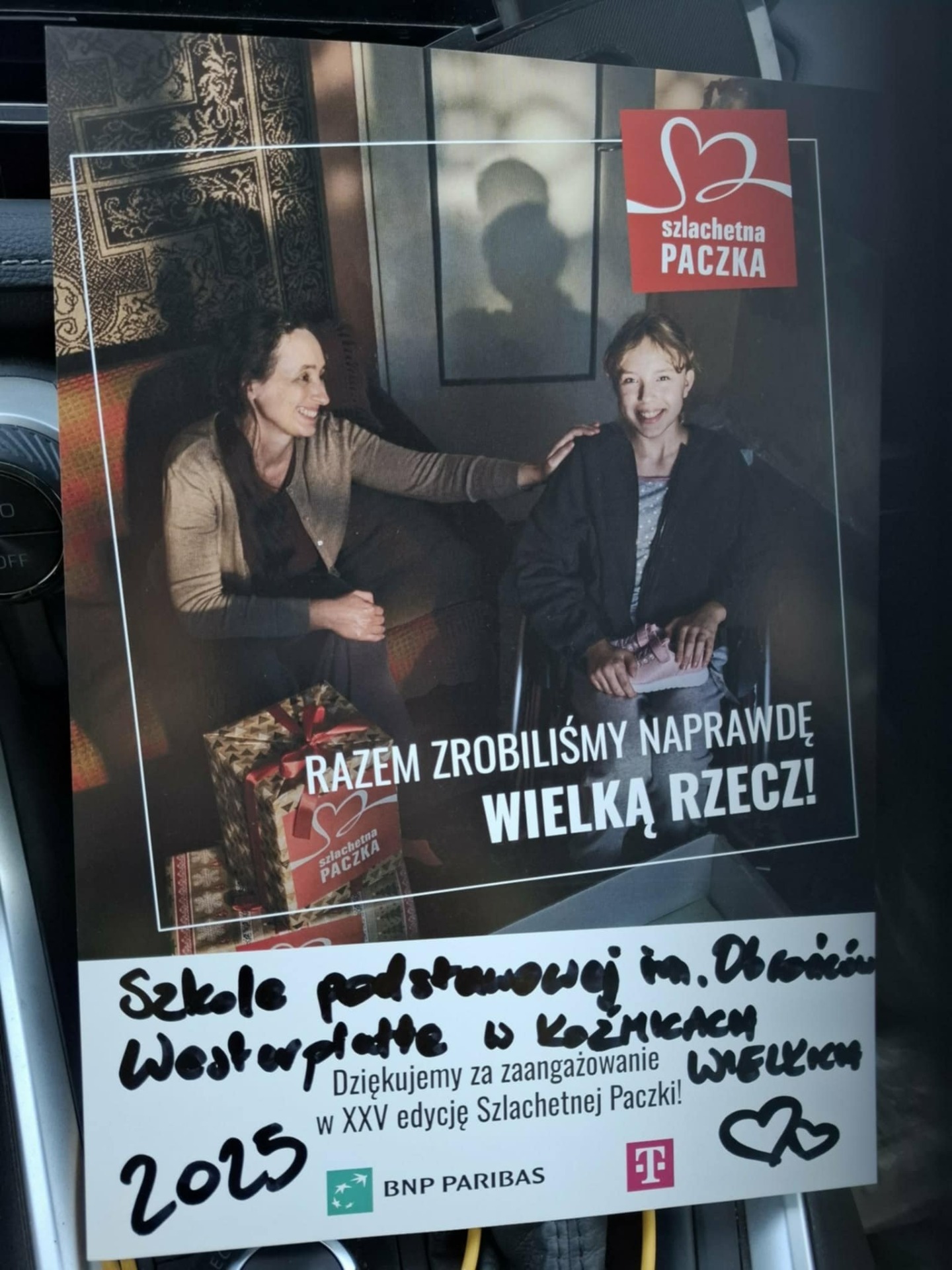 Podziękowanie dla szkoły za udział w Szlachetnej Paczce