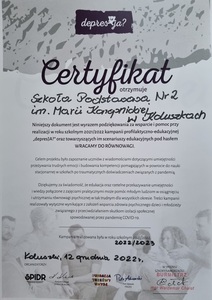 Certyfikat za udział w kampanii- DepresJA- Wracamy do równowagi.