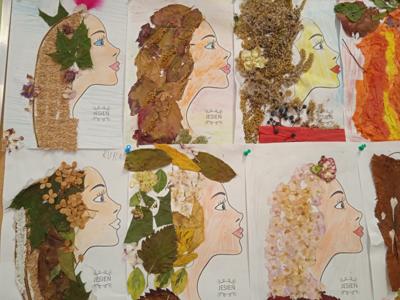 Prace uczniów przedstawiających  twarz pani jesieni.