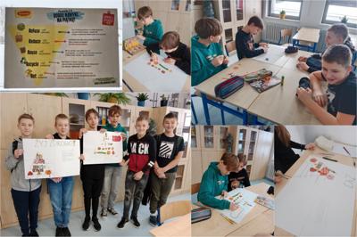 1.Uczniowie z klasy 7a wykonują piramidy żywienia, wycinając z gazet ilustracje pokarmów. Chłopcy prezentują swoje prace.