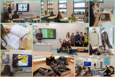 Kolaż zdjęć przedstawia uczniów słuchających wykładu nauczyciela. Uczniowie oglądają eksponaty tj. bryłki węgla brunatnego i kamiennego oraz buteleczkę z ropą naftową.