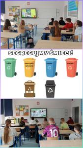 Kolaż przedstawia uczniów oglądających filmy dydaktyczne oraz grafikę, która przypomina, w jaki sposób prawidłowo segregować śmieci.