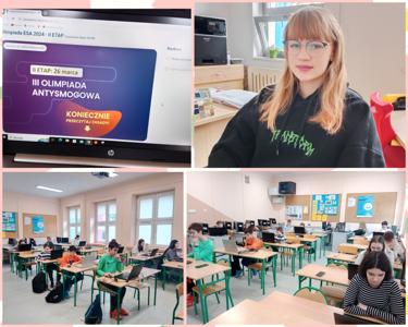 Kolaż przedstawia uczniów rozwiązujących arkusz konkursowy oraz uczennicę kl. 7a Milenę Płocką, która uczestniczyła w II etapie konkursu.