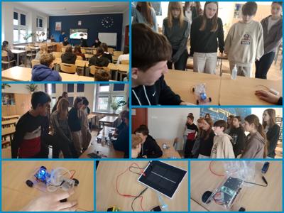 Kolaż przedstawia uczniów dokonujących doświadczenia fizyczne.