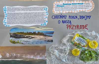 Plakat wykonany przez ucznia z okazji Światowego Dnia Mórz