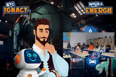 Zdjęcie uczniów w ławkach w sali lekcyjnej, logotypy projektu