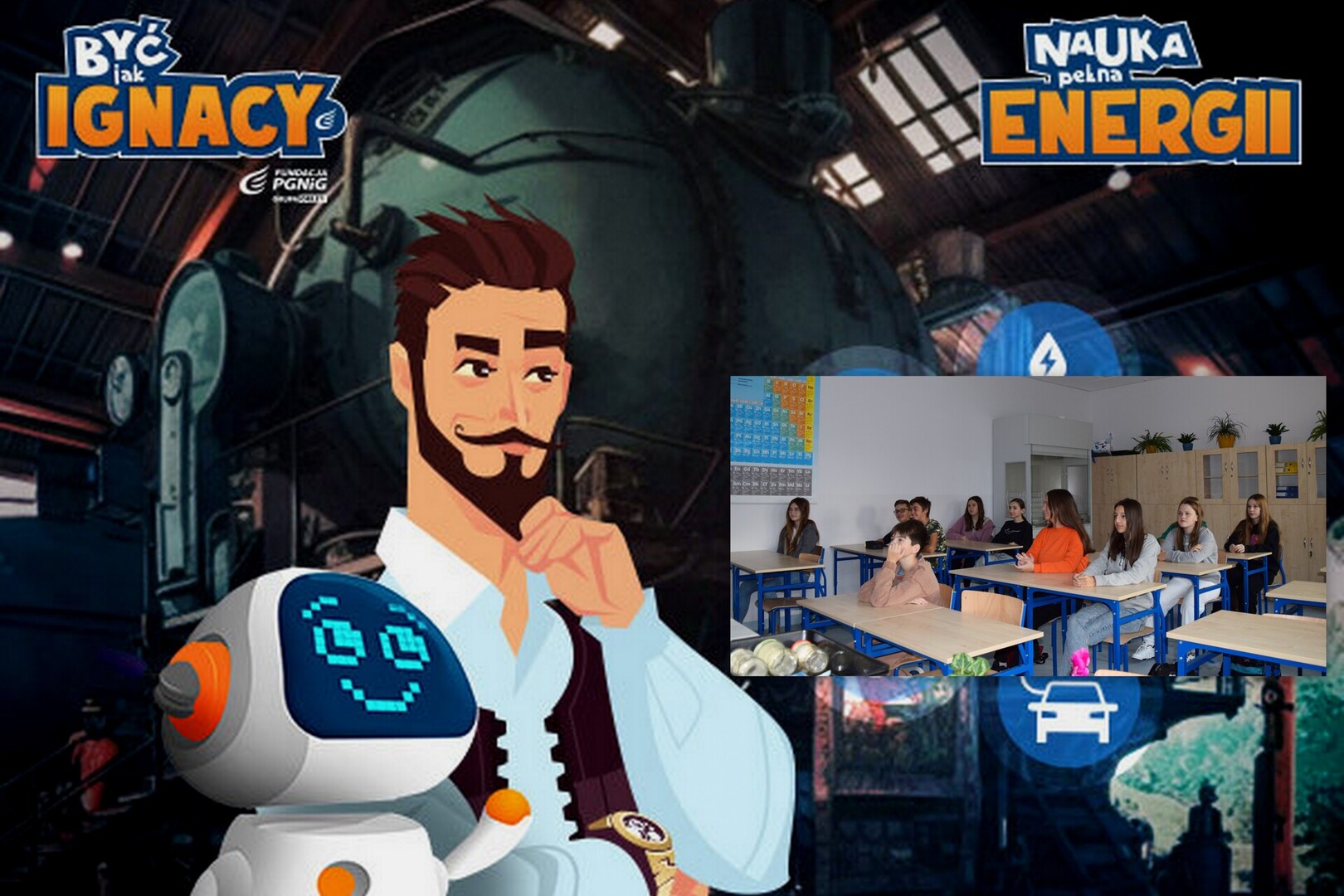 Zdjęcie uczniów w ławkach w sali lekcyjnej, logotypy projektu