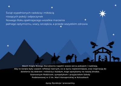 Grafika przedstawiająca stajenkę, trzech króli i anioł, na grafice życzenia