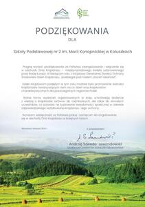 Podziękowanie dla Szkoły Podstawowej nr 2 w Koluszkach za zaangażowanie i włączenie się w obchody Dnia Krajobrazu - międzynarodowego święta ustanowionego przez Radę Europy podpisane przez Generalnego Dyrektora Ochrony Środowiska p. Andrzeja  Szweda-Lewandowskiego.