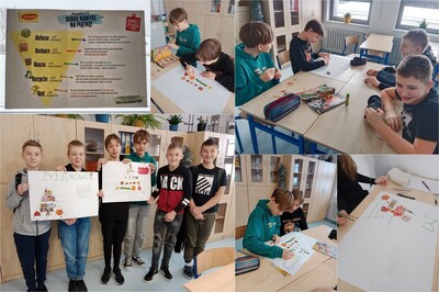 1.Uczniowie z klasy 7a wykonują piramidy żywienia, wycinając z gazet ilustracje pokarmów. Chłopcy prezentują swoje prace.