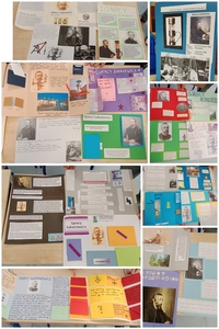 Kolaż zdjęć wykonany z fotografii lapbooków opisujących życie i wynalazki Ignacego Łukasiewicza.