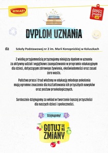 Dyplom dla szkoły za projekt Winiary