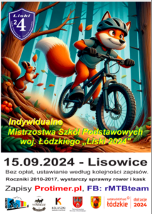 Plakat promujący wydarzenie przedstawiający lisa jadącego na rowerze