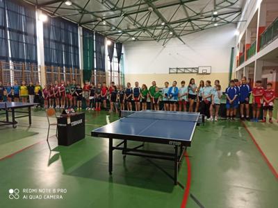 Zawodnicy poszczególnych drużyn ustawieni w sali gimnastycznej
