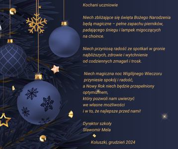 Grafika - życzenia świąteczne, granatowe bombki na granatowym tle