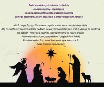 Grafika - życzenia świąteczne, szopka na żółto - różowym tle