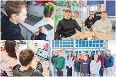 Kolaż przedstawia grupę dzieci zaangażowanych w projekt edukacyjny, kilkoro uczniów wykonuje doświadczenie, inni tworzą prezentację multimedialną.
