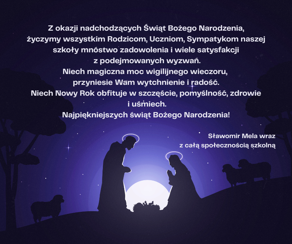 Grafika przedstawiająca scenę narodzenia. Na grafice życzenia.