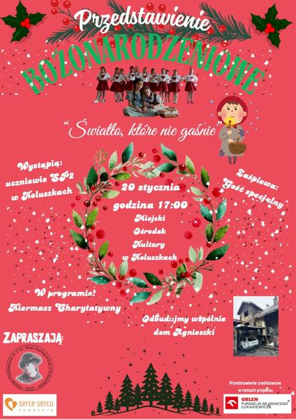Plakat informujący o kiermaszu i przedstawieniu bożonarodzeniowym