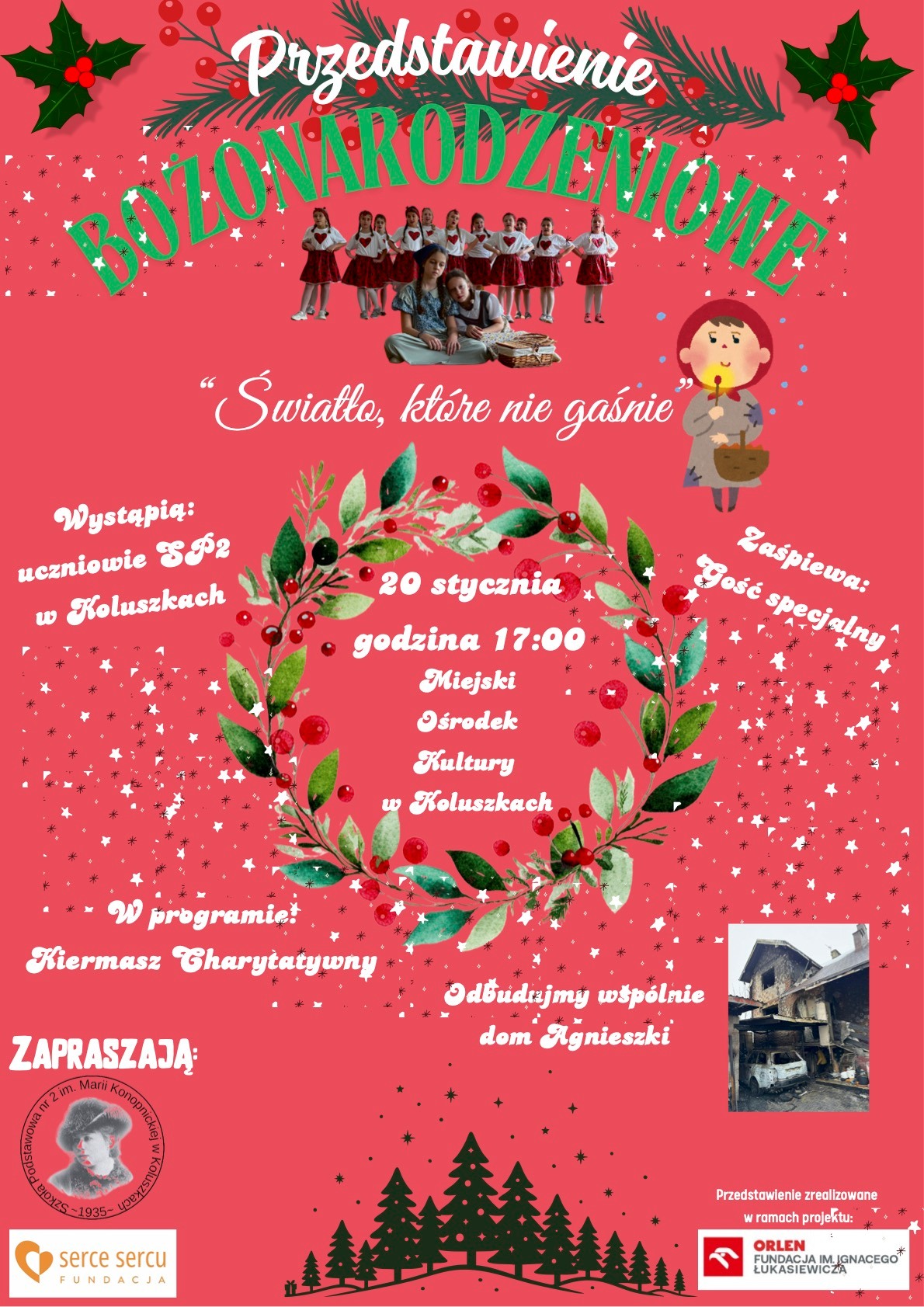 Plakat informujący o kiermaszu i przedstawieniu bożonarodzeniowym