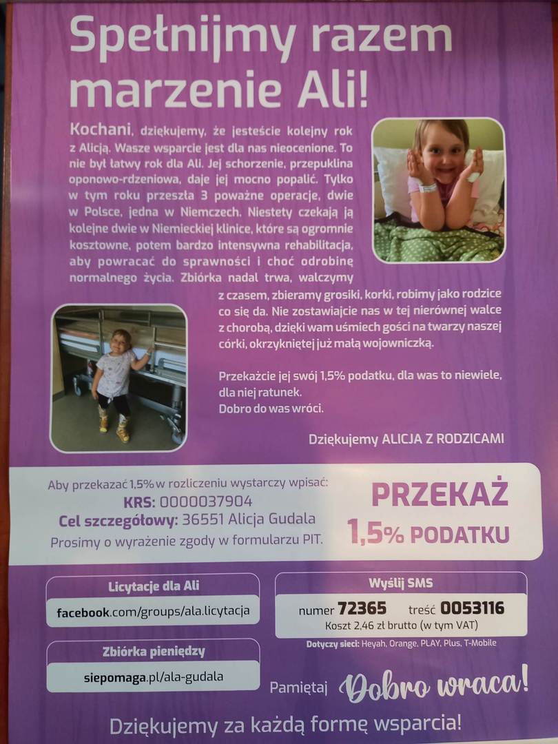 Plakat informujący o chorobie dziewczynki o imieniu Ala