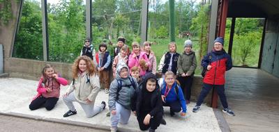 Uczniowie klasy I i II przed wybiegiem dla lwów - zdjęcie grupowe.