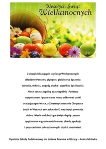 Zdjęcie pisanek,  pod spodem życzenia wielkanocne 