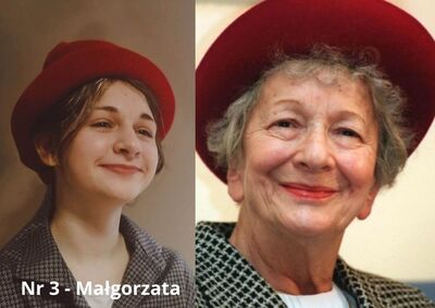 Zdjęcie uczennicy  w stylizacji przypominającej Szymborską. Obok zdjęcie Noblistki. 
