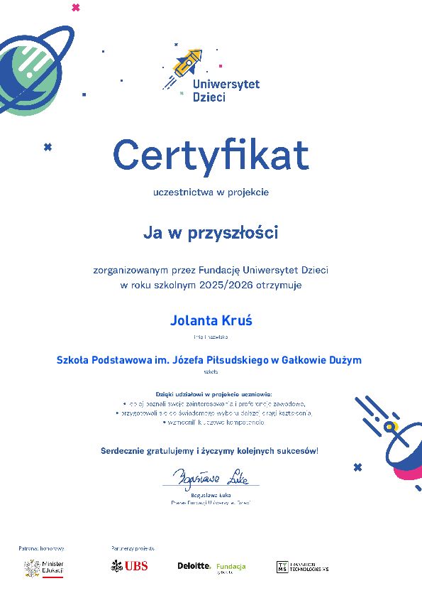 Certyfikat dla Jolanty Kruś za uczestnictwo w projekcie "Ja w przyszłości"