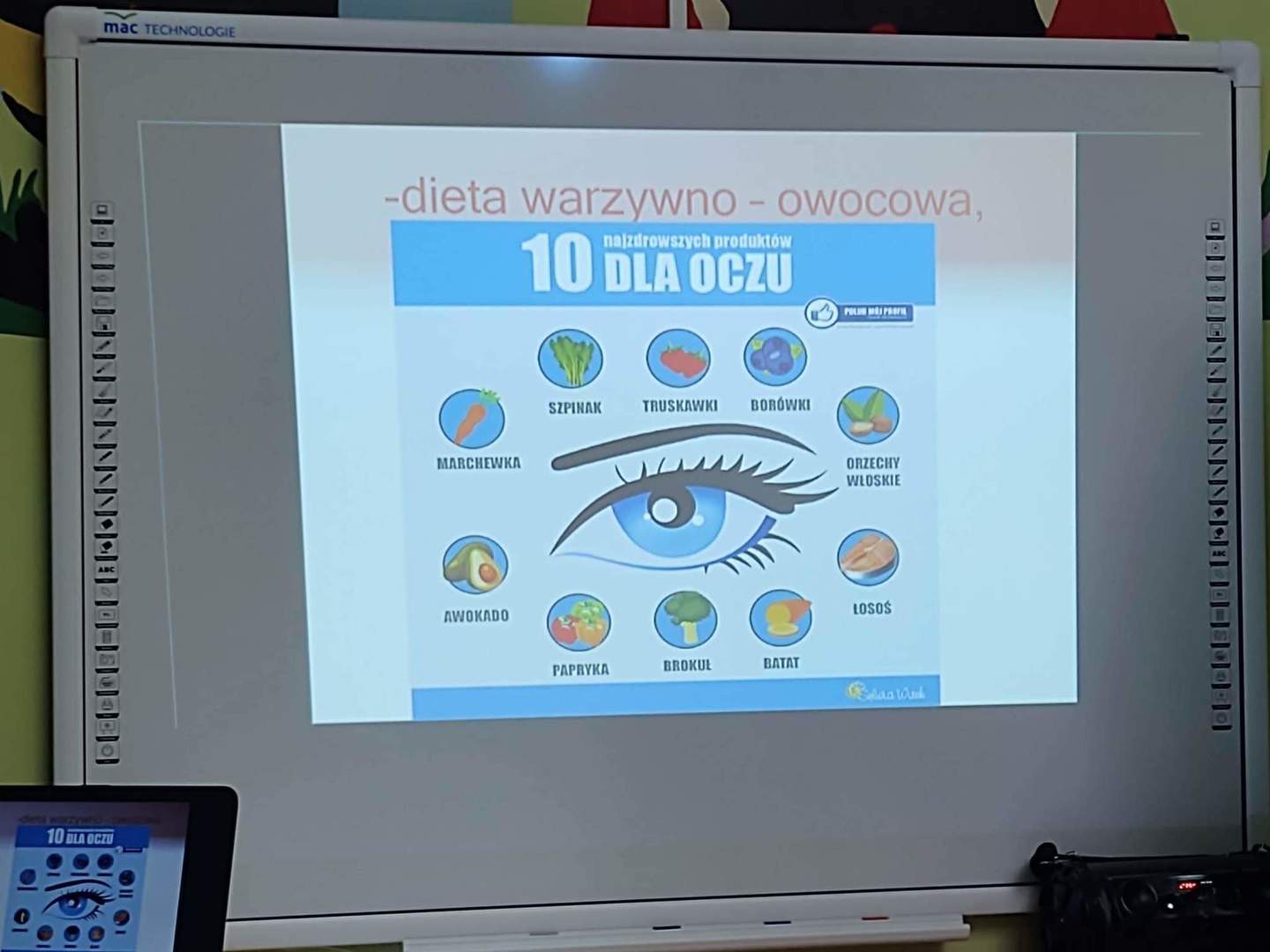 Tablica multimedialna, na której wyświetlony jest obraz przedstawiający zdrowe dla oczu produkty.