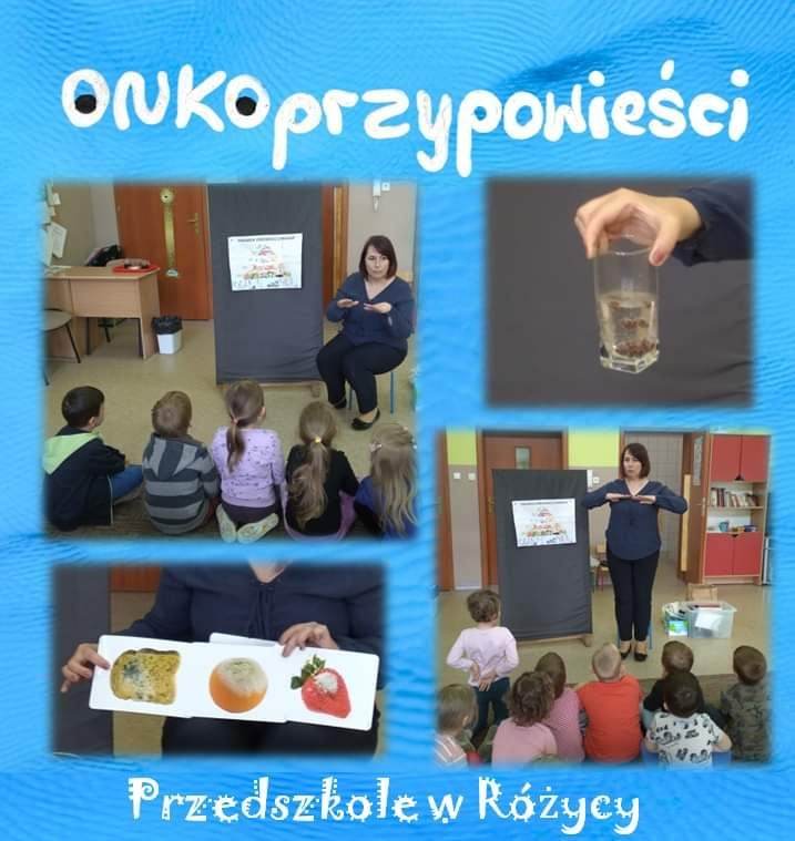 Kolaż zdjęć oraz napis ONKOprzypowieści Przedszkole w Różycy.