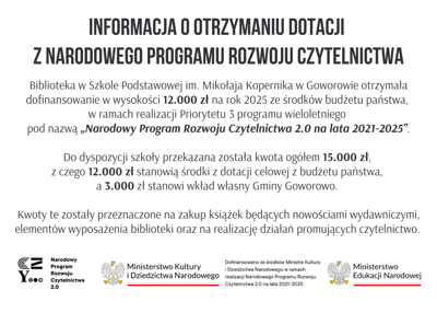 Informacja o otrzymaniu dotacji SP Goworowo - Narodowy Program Rozwoju Czytelnictwa