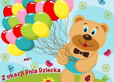 Pluszowy miś trzyma kolorowe balony.