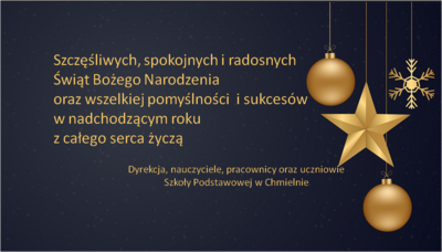 Życzenia z okazji Świąt Bożego Narodzenia. Czarne tło, na którym znajdują się 2 złote bombki i 2 gwiazdki.
