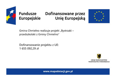 W lewym rogu znajduja się trzy gwiazki na niebieskim tle, biała, żółta i czerwona. W prawym rogu flaga Unii Europiejskiej. Na górze napis Fundusze europejskie oraz Dofinansowane przez Unię Europejską.  N środku na białym tle napis: Gmina Chmielno realizuje projekt Bystrzaki - przedszkolaki z Gminy Chmielno. Na środku napis: Dofinansowanie z projektu UE: 1 655 092, 29 zł. W prawym dolnym rogo logo czerny gryf na żółtym tle.