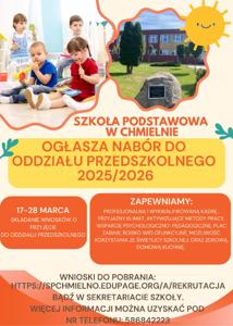 Plakat. U góry 2 zdjęcia. Na pierwszym zdjęciu dzieci w sali szkolnej.  Drugie zdjęcie szkoła w Chmielnie. 