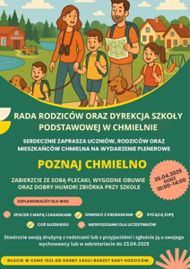 Plakat. Zielone tło. U góry zdjęcie rodziny na spacerze. Poniżej napis Rada rodzicóww oraz dyrekcja Szkoły Podstawowej w Chmielnie zaprasza. 