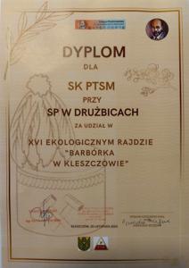 Dyplom za udział w XVI Ekologicznym Rajdzie "Barbórka w Kleszczowie"