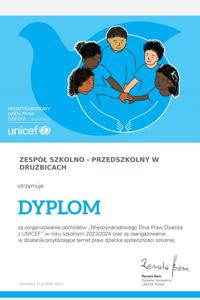 Dyplom za zorganizowanie obchodów Międzynarodowego Dnia Praw Dziecka z UNICEF.