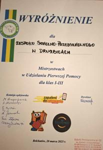 Wyróżnienie w Mistrzostwach w Udzielaniu Pierwszej Pomocy dla klas I-III