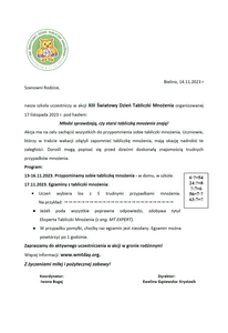 List do rodziców dotyczący XIII Światowego Dnia Tabliczki Mnożenia