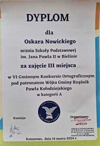 Dyplom za zajecie III miejsca