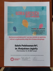 Serdeczne podziękowanie i wyrazy uznania za ogromny wkład w ogólnopolską akcję Góra Grosza dla SP Nr 1 w Tuszynie