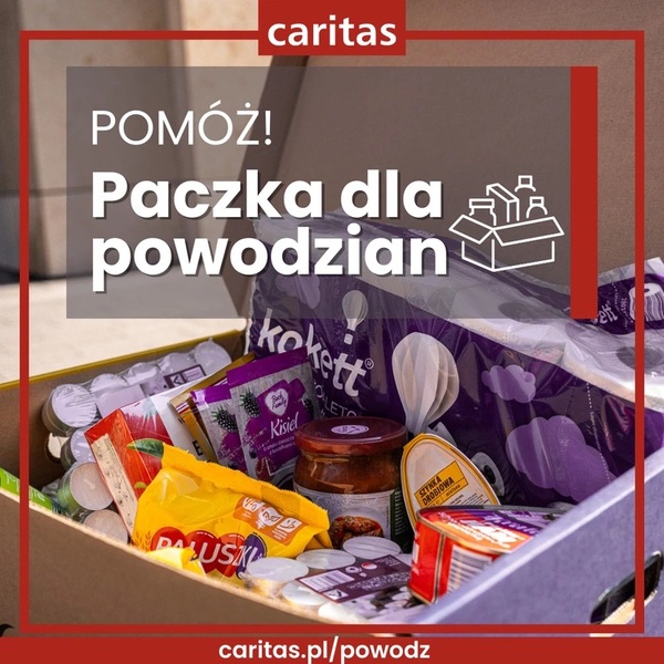 Plakat promujący akcje "Paczka dla Powodzian"  Caritas. Na plakacie znajdują się artykuły spożywcze.