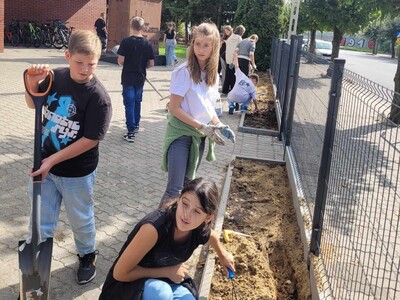 Uczniowie sadzący żonkile przed budynkiem szkoły.